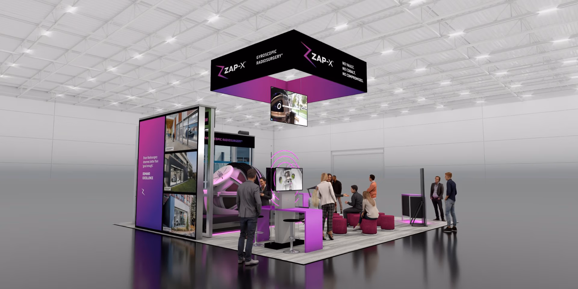 Exhibit booth for ZAP Surgical at ASTRO 2025 showcasing the debut of the ZAP-X® Gyroscopic Radiosurgery® system. The booth features bold black and purple branding with illuminated signage reading “No Vault. No Cobalt. No Compromises.” A suspended overhead cube displays the ZAP-X logo, while large digital screens present video demonstrations and clinical images. At the center, a display of the ZAP-X treatment system is highlighted with purple lighting accents. The booth includes a reception counter with monitors, seating for attendees, and modern architectural panels featuring the tagline “Brain Radiosurgery deserves better than ‘good enough.’ DEMAND EXCELLENCE.”