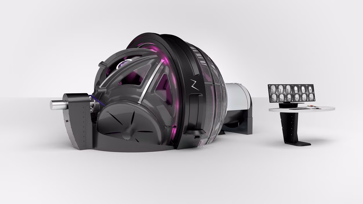 The image shows the ZAP-X® Gyroscopic Radiosurgery system, an innovative, self-shielded medical device designed for non-invasive brain tumor treatment. The gyroscopic design enables precise, targeted stereotactic radiosurgery (SRS) without the need for a traditional radiation vault. Next to the unit is the control console displaying detailed cranial imaging scans, illustrating the advanced technology behind ZAP Surgical Systems’ next-generation radiosurgery solution.