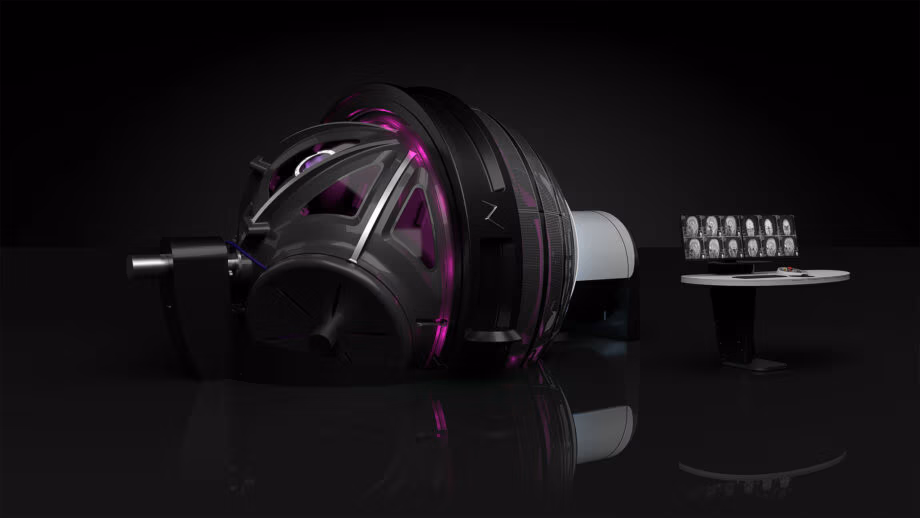 ZAP-X system seen with console in a stylized black room